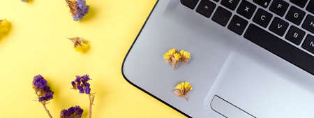 Banner of Notebook and flowers for female home or office workplace on yellow background. top view. Copy space.の写真素材