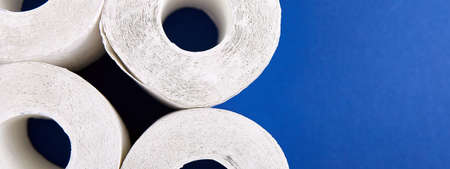 pandemic panic shopping concept. Flat lay of Toilet paper rolls on the bright blue background. Copy space.の写真素材