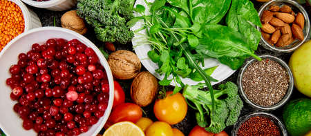 Healthy food background, trendy Virus protection food, immunity concept. Alkaline diet products -...