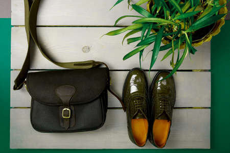 Green lacquered oxford shoes and crossbody bag on wooden background near flower pot. Top view. Close up. Copy space, flat layの写真素材