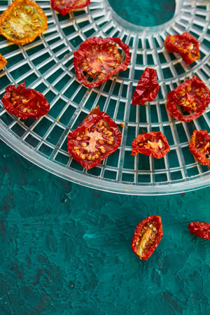 Homemade sun dried tomatoes with herbs, on the sieve from dryer.の写真素材