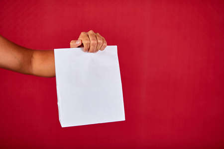 Closeup courier hand holding grocery paper bag, delivery serviceの写真素材