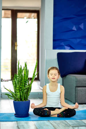 Little girl meditating in lotus pose with closed eyes sitting on blue mat at home, having yoga practice, relaxing. Quarantine, coronavirus. Kids sport home quarantine. International day of yoga.の写真素材