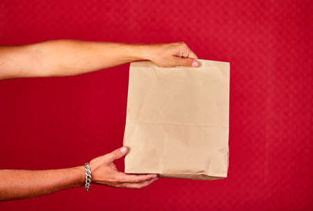 Closeup courier hand holding grocery paper bag, delivery service, studio shot isolated on red background, copy space.の写真素材