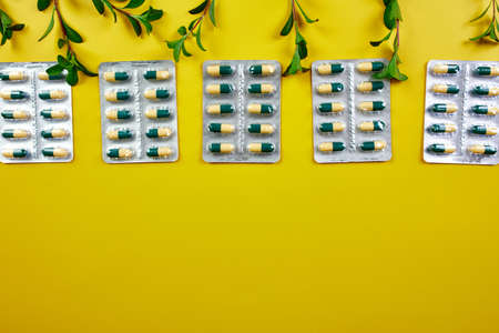 Flat lay Organic medical pills, capsules in blisters with green leaf, herbal plant on a yellow background, Ethnoscience concept, view from above, copy space, healthe life.の写真素材