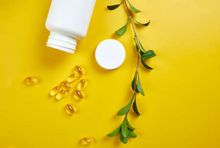 Alternative medicine herbal organic capsule with vitamin E, omega three fish oil with green leaves, Health care concept, healthy food. Top viewの写真素材