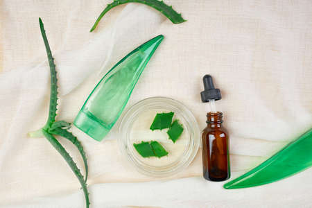 Flat lay of homemade skin care natural ingredients plant aloe vera gel, skinimalism, slow beauty on...