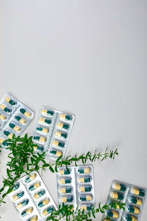 Flat lay Organic medical pills, capsules in blisters with green leaf, herbal plant on a grey...