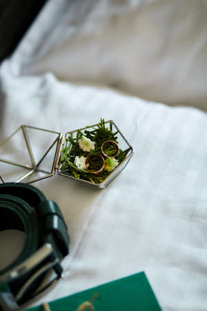 Wedding rings lie on a beautiful, decorative hand made rustic box with plants inside, copy space,  Tears of happiness, symbol of loveの写真素材