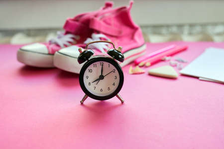 Time to Back to school concept, School and office supplies on with copy space. Lots of different stationery items on colorful background, flat lay, space for text.の写真素材