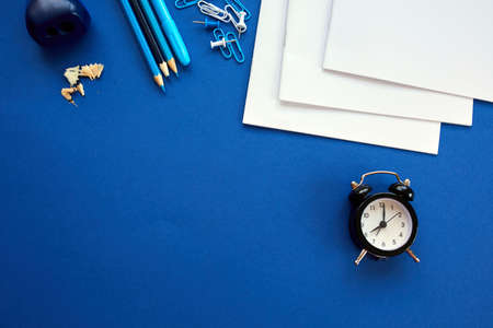 Time to Back to school concept, School and office supplies on with copy space. Lots of different stationery items on colorful background, flat lay, space for text.の写真素材