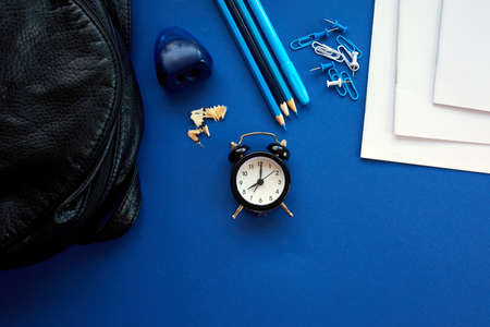 Time to Back to school concept, School and office supplies on with copy space. Lots of different stationery items on colorful background, flat lay, space for text.の写真素材