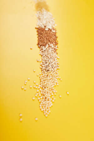 Flat lay of set of heap various grains and cereals bulgur, rice, oatmeal, buckwheat, couscous wheat seeds on yellow background, copy space, space for text, top view.の写真素材