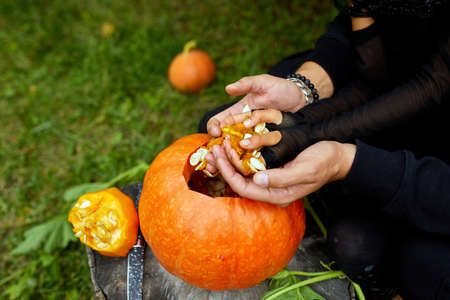 Daughter and father hands who pulls seeds and fibrous material from a pumpkin before carving for Halloween, Prepares Jack o'Lantern. Decoration for party