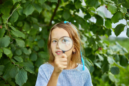 Little girl playing with a magnifying glass in her backyard at home make faces. Childhood lifestyle concept, Education, school conceptの写真素材
