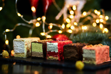 Mousse Christmas pastry mini cake dessert with new year decorations, modern European dessert, light...