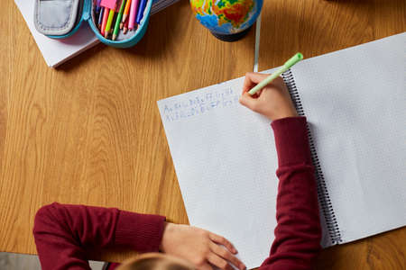 Focused schoolgirl sit at desk doing homework handwriting, homeschooling. Small junior girl engaged...