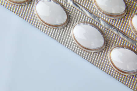 Flat lay macro blister capsule pills, tablets, top viewの写真素材