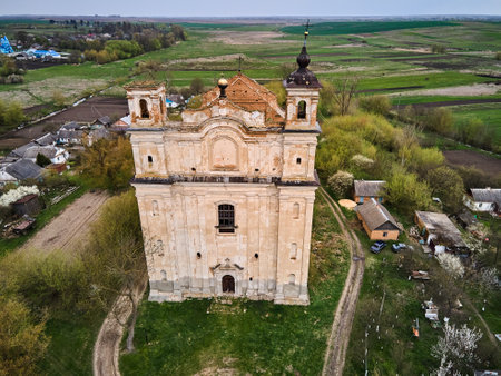 Aerial view of the church ruins church of St. Anthony Ukraine, Historical architecture heritage of Europe.の写真素材