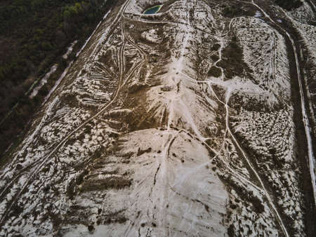 Aerial drone view phosphogypsum white mountains waste from factories, Phosphate gypsum heaps from industrial waste, travel Ukraine, attractive tourist,の写真素材