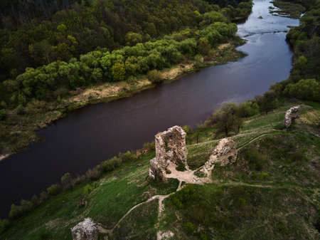 Aerial view of ruins of the castle in Gubkiv, Rivne region, near river Sluch. Travel destinations in Ukraineの写真素材