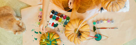 banner child child decorating a pumpkin at home with catの写真素材