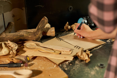 Close up of carpenter woman hand makes notes of order details with her customer at workshop,...