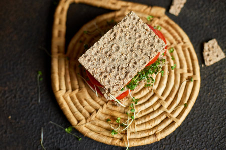 Healthy vegan sandwich with crisp rye bread tomatoe and microgreens on dark background, Diet nutritional food.の写真素材