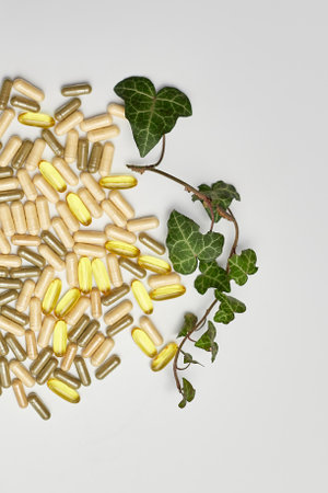 Flat lay, top view Pills, medical tablets with green plants, leaves on white background, Natural herbal medicine concept, Vitamins and omega oils for vegansの写真素材