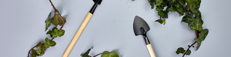 Gardening tools and green leaves on grey background, Spring garden works concept, flat lay, top view, copy space.の写真素材