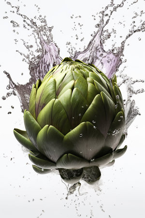 Levitation Artichoke flower edible bud with drops of water splash, isolated on white background, organic healthy, flying food. Splash of juice, AI generativeの素材