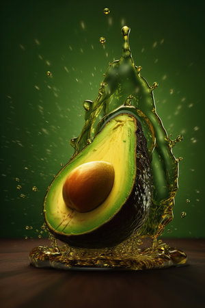 Levitation sliced avocado with drops of oil splash , isolated on green background, organic healthy, flying food.の素材