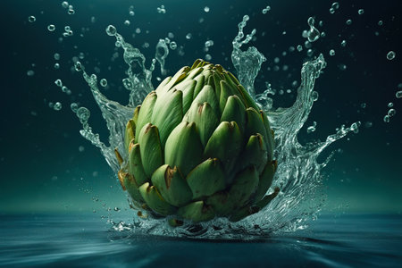 Levitation Artichoke flower edible bud with drops of water splash, isolated on black background, organic healthy, flying food. Splash of juice, AI generativeの素材