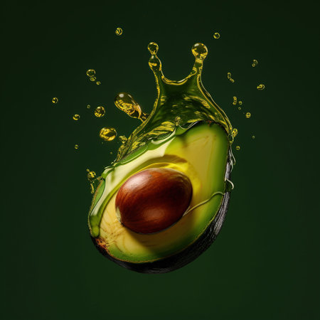 Levitation sliced avocado with drops of oil splash , isolated on green background, organic healthy, flying food.の素材