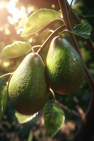 Avocados hanging, growing on a tree, close-up. Green fruits of avocado on the tree with leafs, sunlight, AI generativeの素材
