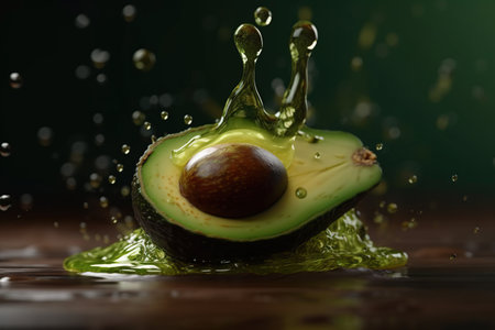 Levitation sliced avocado with drops of oil splash , isolated on green background, organic healthy, flying food.の素材