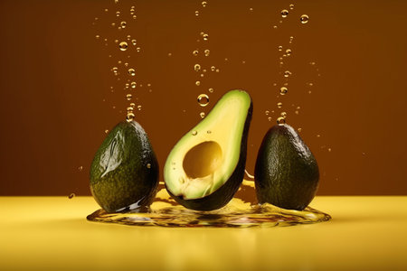 Levitation whole and sliced avocados with drops of oil splash , isolated on yellow background, organic healthy, flying food. AI generativeの素材