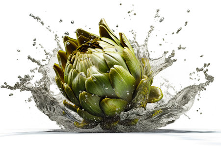Levitation Artichoke flower edible bud with drops of water splash, isolated on white background, organic healthy, flying food. Splash of juice, AI generativeの素材