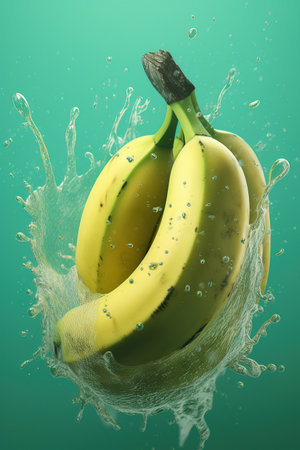 Levitation ripe  bananas with drops of juice water splash, isolated on green background, organic healthy fruit, flying food. AI generativeの素材