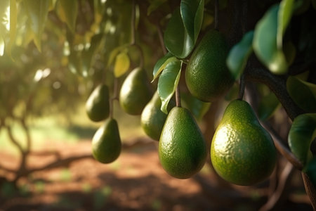 Avocados hanging, growing on a tree, close-up. Green fruits of avocado on the tree with leafs, sunlight, AI generativeの素材