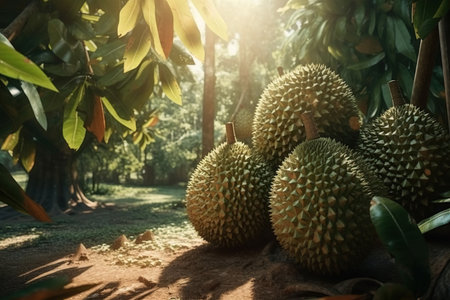 Durians,  king of fruits growing on tree agriculture garden, sunlight, AI Generative.の素材