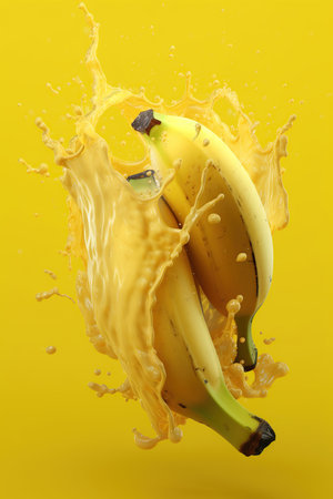 Levitation ripe  bananas with drops of juice water splash, isolated on yellow background, organic healthy fruit, flying food. AI generativeの素材