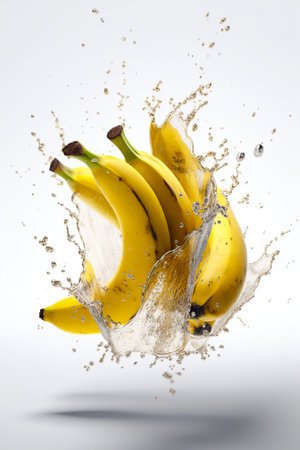 Levitation ripe  bananas with drops of juice water splash, isolated on white background, organic healthy fruit, flying food. AI generativeの素材