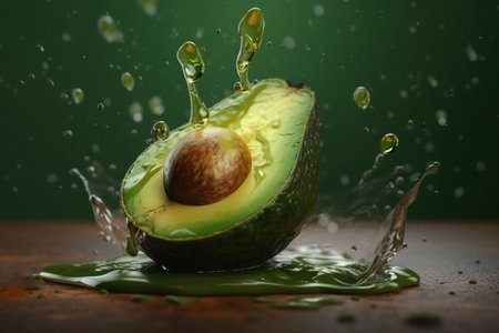Levitation sliced avocado with drops of oil splash , isolated on green background, organic healthy, flying food.の素材
