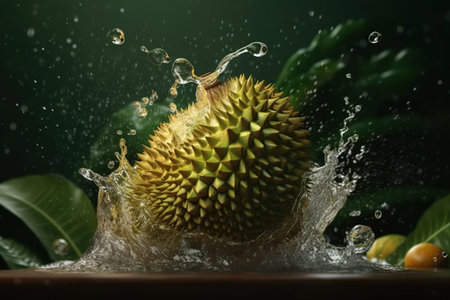 Levitation ripe durian with drops juice water splash , isolated on green background, organic healthy fruit, flying food, king of fruits. AI generativeの素材