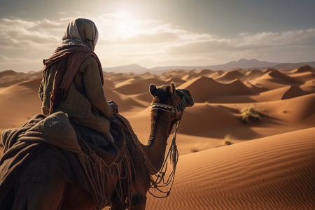 A man silhouette on camel going through the sand dunes in the Desert, sunset, AI generativeの素材