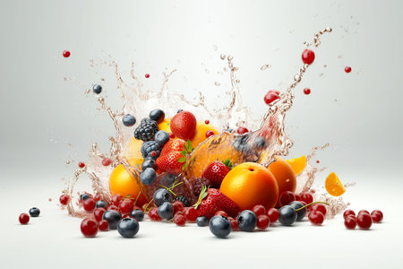 Levitation mix sweet fruits and berries with drops of juice water splash, isolated on white background, organic healthy fruit, flying food. Splash of juice, AI generativeの素材