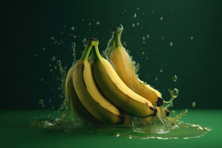 Levitation ripe bananas with drops of juice water splash, isolated on green background, organic healthy fruit, flying food. AI generativeの素材