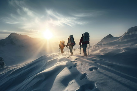 Mountains team climbers on snowy trail, conquered the mountain in winter,  Climber on top of a winter view of snow-capped mountain peaks sunshine, AI generativeの素材
