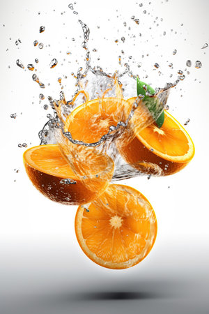 Levitation ripe oranges citrus with drops of juice water splash, isolated on white background, organic healthy fruit, flying food. AI generativeの素材
